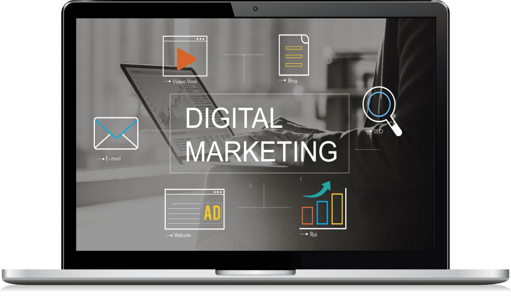 laptop with digital marketing diagram displayed