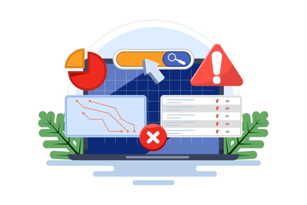 The concept of SEO errors, errors in website search optimization that have a negative impact on search engine rankings, keyword stuffing, duplicate content, missing SEO meta tags, or broken links.