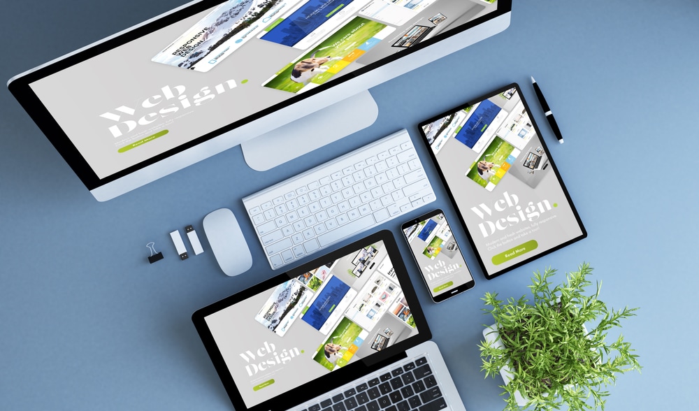 blue devices top view creative web design 3d rendering.