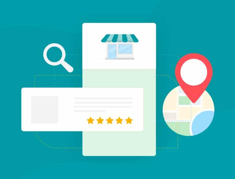 Local SEO Strategy for small businesses. Geofencing, Local Business SEO Listings with Map and Ratings Icons for Nearby Places. Local Search marketing based on location, customer ratings and reviews