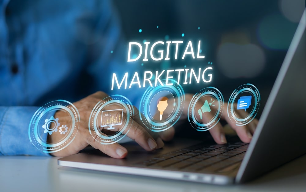 Human with digital online marketing commerce sale, website advertising, promotion of products, digital marketing strategy and goals, digital search engine, SEO, social media, ads, E-commerce